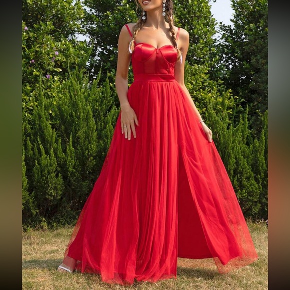 Luxe mesh satin party formal dress - Picture 2 of 6